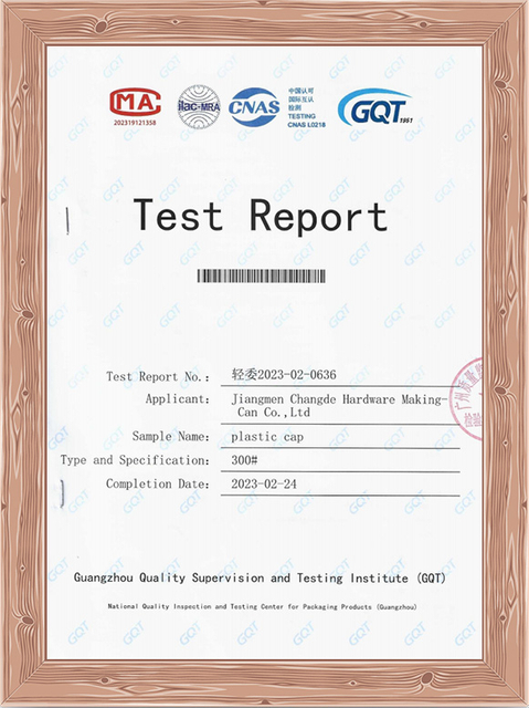 plastic cap test report