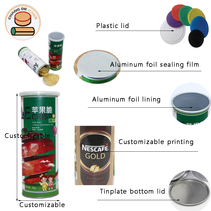 Potato Chips Lid Aluminum Foil Lining Paper Cans PE Cover Metal Lid Color Customized 